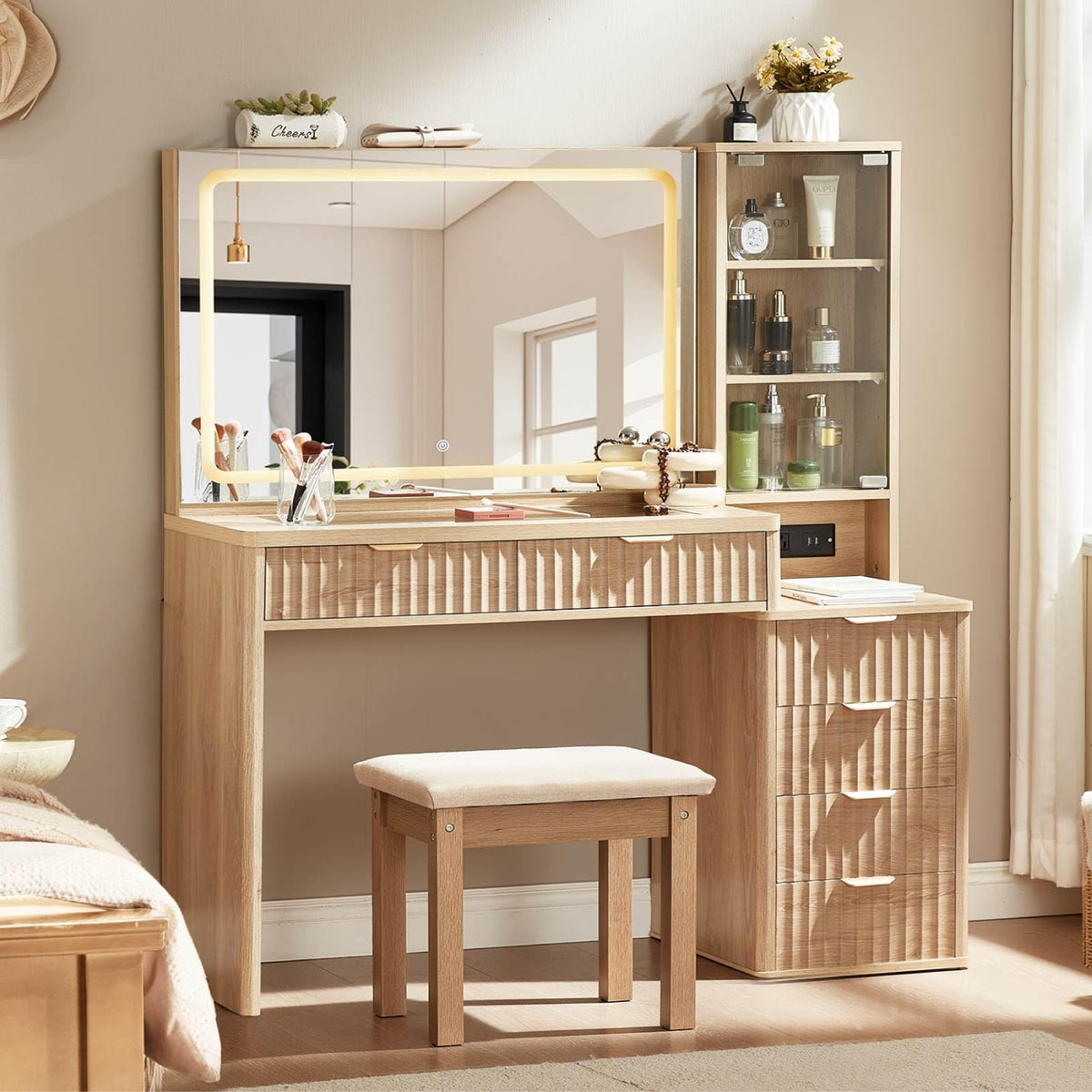 LEYAOYAO Fluted Makeup Vanity Desk with Mirror and Lights, Stool Sets