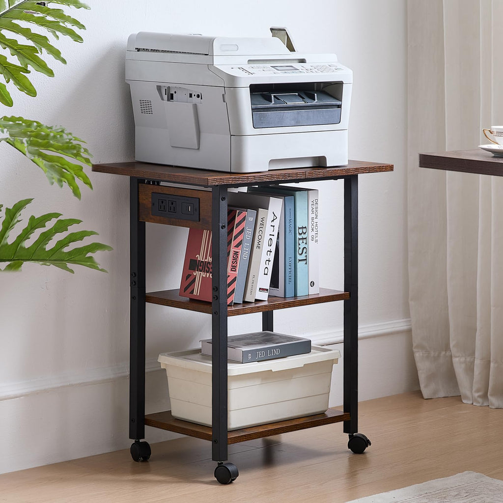 Lerliuo 3-Tier Printer Stand, Industrial Mobile Printer Table with Storage Shelf and Steel Frame, Rolling Printer Cart Holder with Lockable Wheels for Home, Office (White)