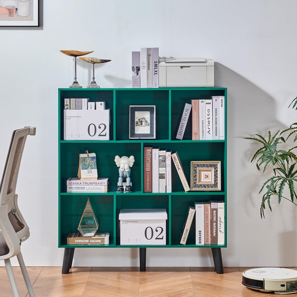 LEYAOYAO 7 Cube Bookshelf, Mid-Century Modern Bookcase Legs,Black Wooden Book Shelves, Wood 3-Tier Freestanding Storage Organizer Display Shelf for Bedroom,Living Room,Office