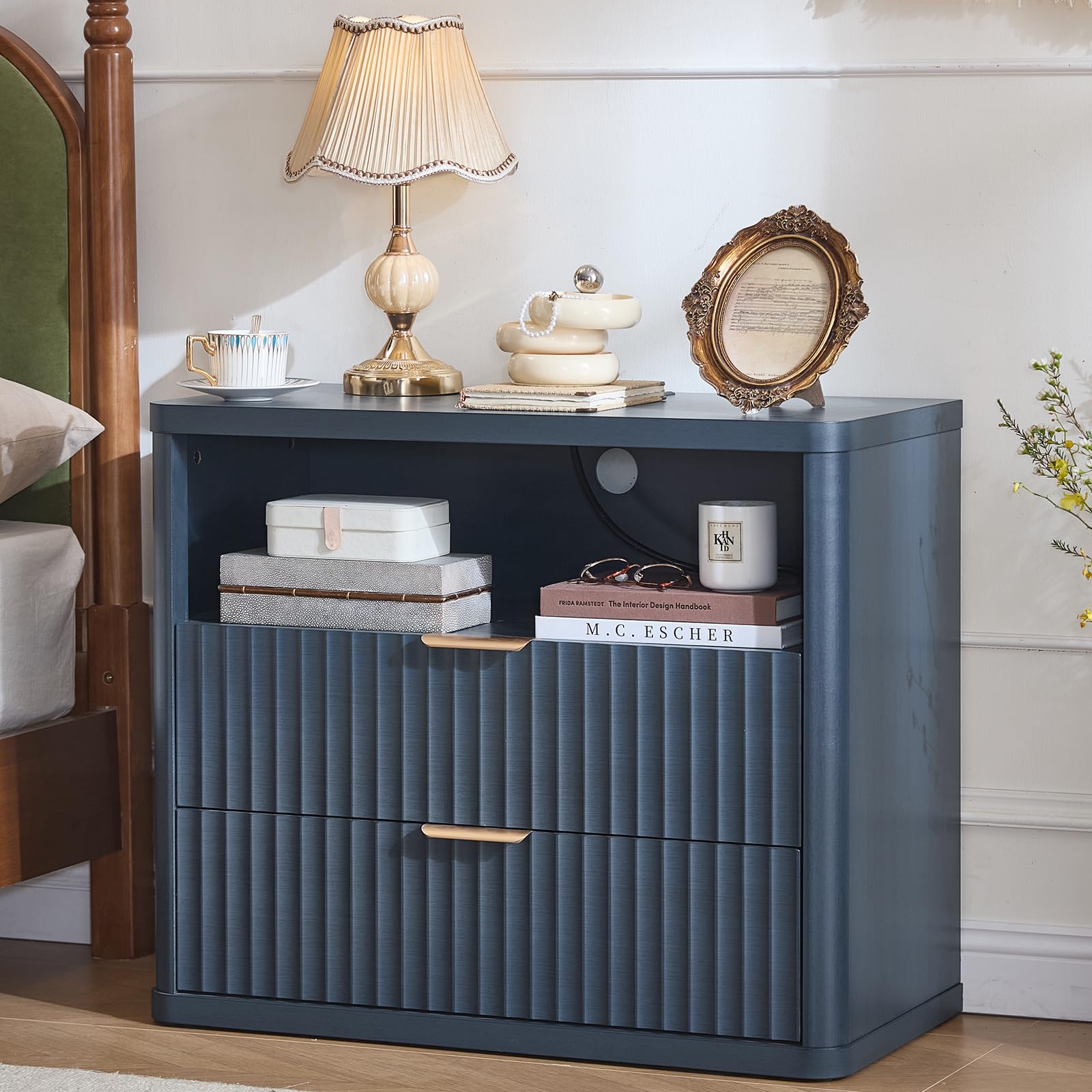 LEYAOYAO 31" Wide Fluted Nightstand with Charging Station, Oversized Extra Large 1 Drawer Night Stand with Golden Handle, Antique White Bedside Table Tall End Tables,for Bedroom, Living Room, Hallway
