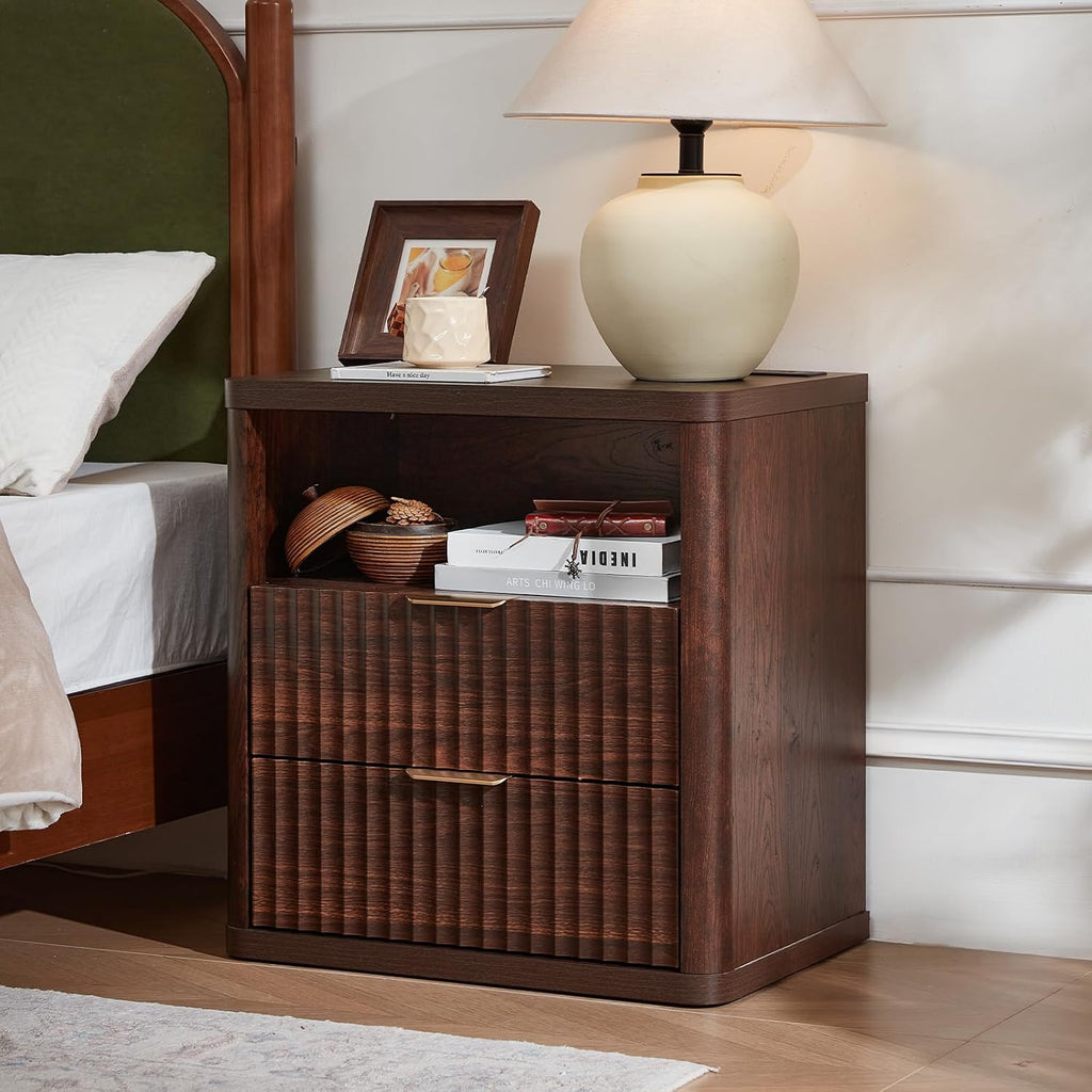 LEYAOYAO 23" Wide Fluted Night Stand with Charging Station, 2 Drawers Large End Table with Storage, LightGrey Nightstand Wood Bedside Tables, Farmhouse Cabinet Dresser for Bedroom, Closet