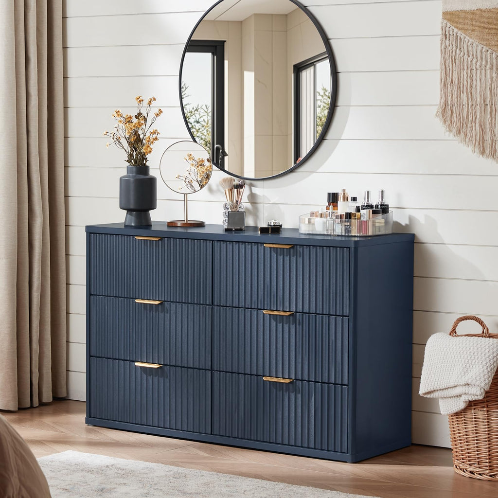 Lerliuo Fluted Nightstand with Charging Station, 23" Wide 2 Drawers End Table, Blue Night Stand with Open Storage Cabinet, Farmhouse Bed Side Tables, Wood Dresser for Bedroom