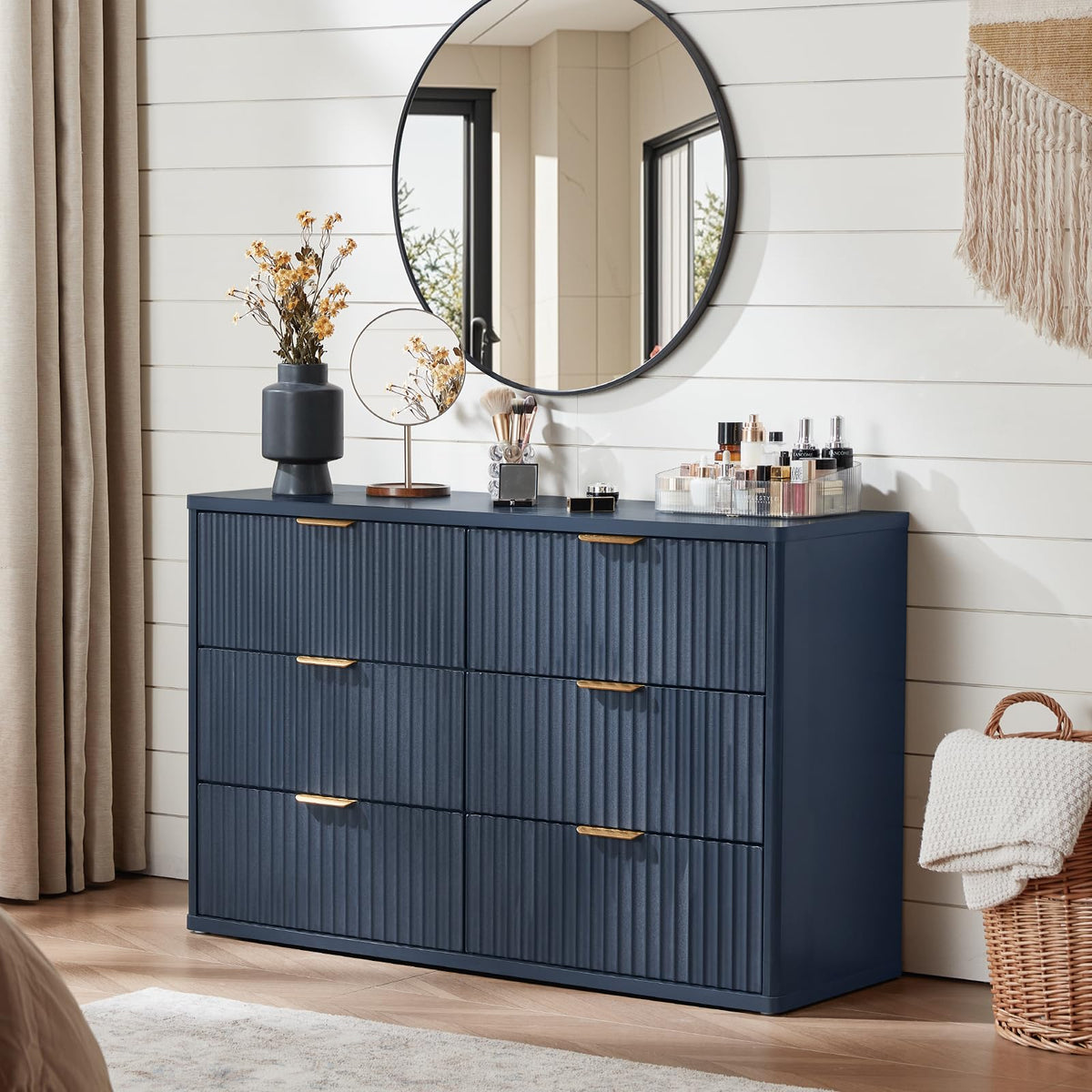 Lerliuo Fluted Nightstand with Charging Station, 23" Wide 2 Drawers End Table, Blue Night Stand with Open Storage Cabinet, Farmhouse Bed Side Tables, Wood Dresser for Bedroom