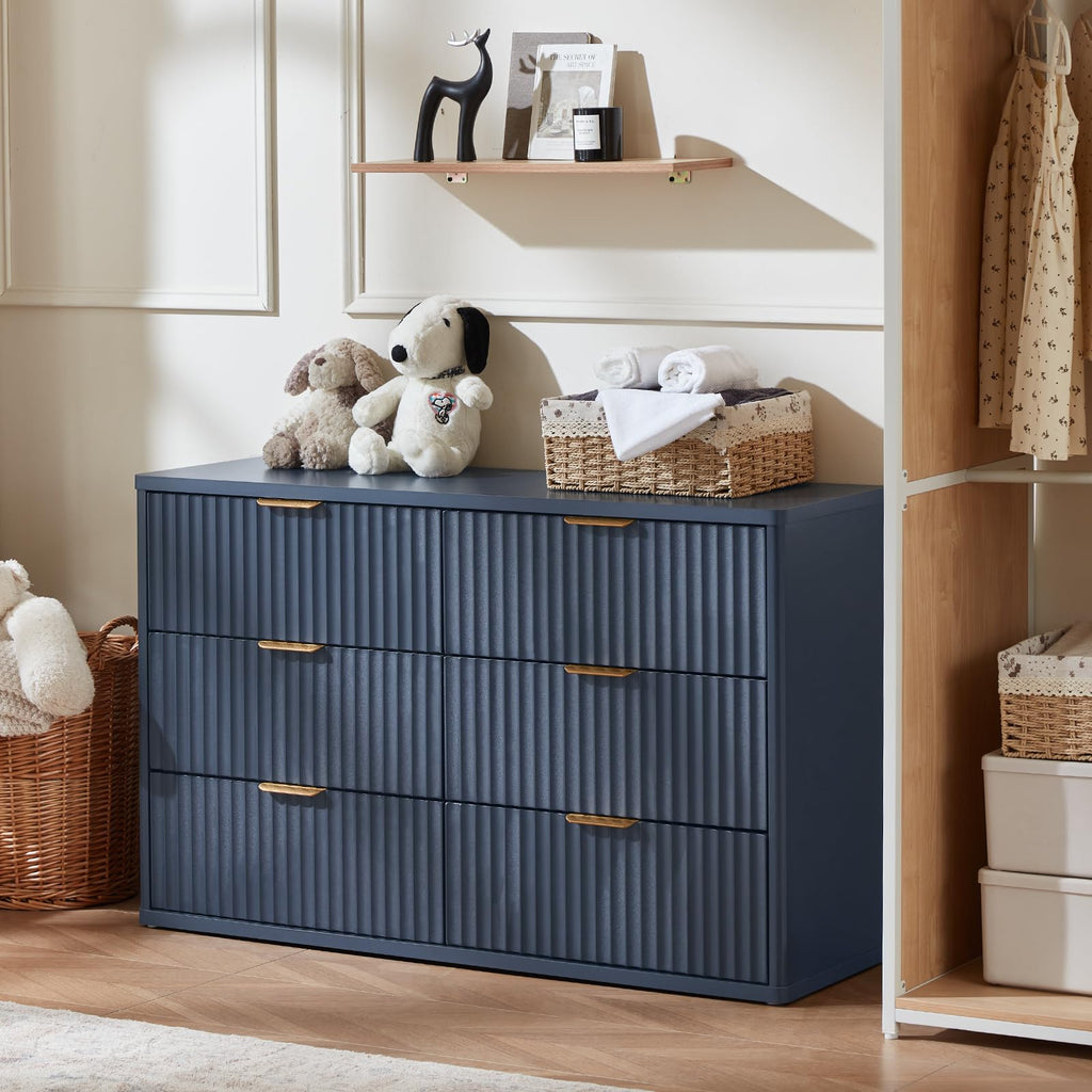 Lerliuo Fluted Nightstand with Charging Station, 23" Wide 2 Drawers End Table, Blue Night Stand with Open Storage Cabinet, Farmhouse Bed Side Tables, Wood Dresser for Bedroom