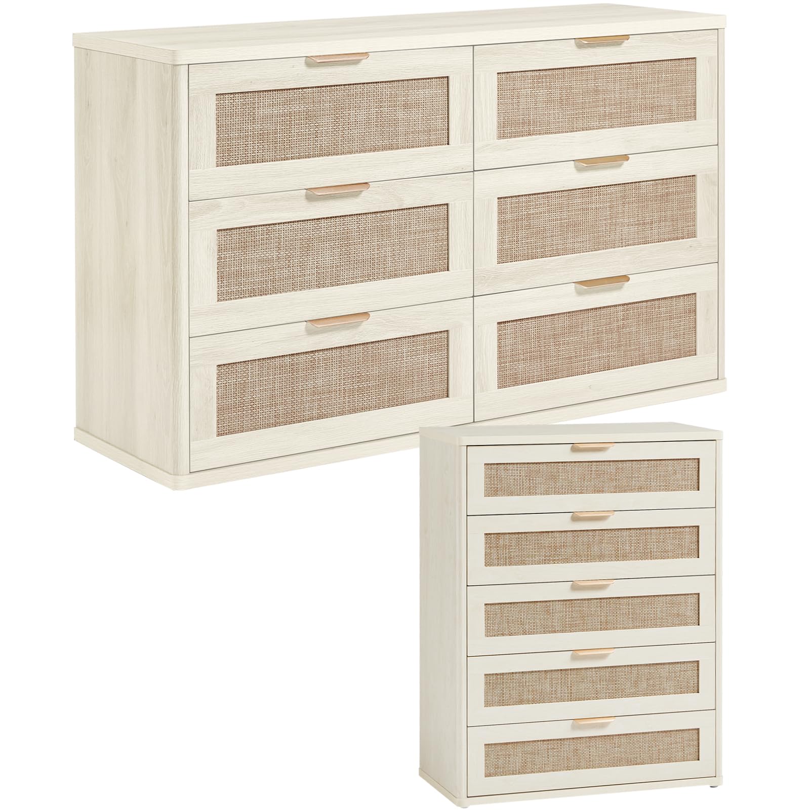 LEYAOYAO Rattan Bedroom Dresser Set of 2, Boho Wood 48" Wide 6 Drawers Dresser for Bedroom and 31.5" Tall 5 Drawers Dressers, Bedrooms Furniture, Dressers & Chests of Drawers, Living Room, Hallway