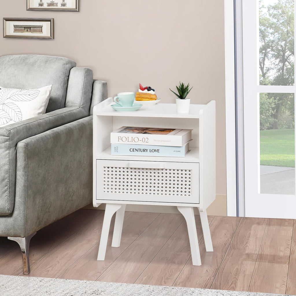 Lerliuo Rattan Nightstand, Boho Side Table with Drawer Open Shelf