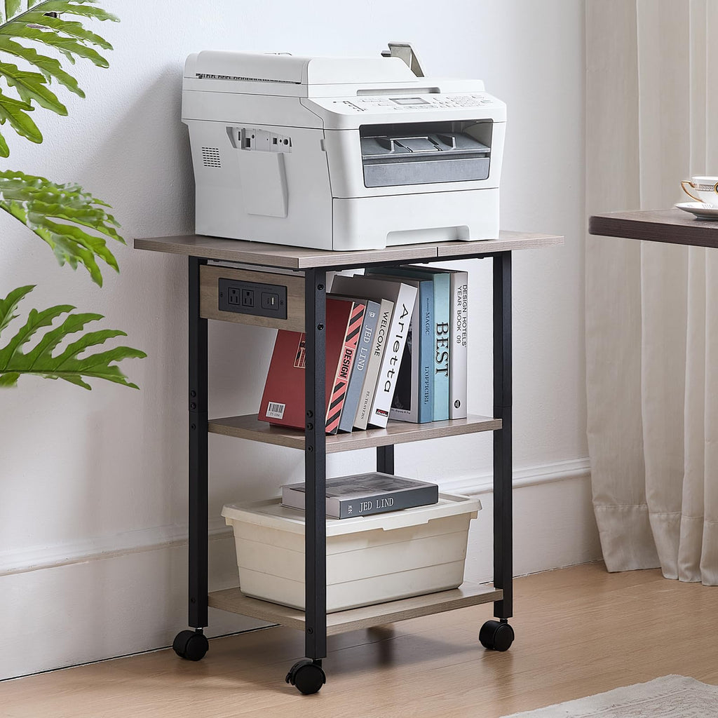 Lerliuo 3-Tier Printer Stand, Industrial Mobile Printer Table with Storage Shelf and Steel Frame, Rolling Printer Cart Holder with Lockable Wheels for Home, Office (White)