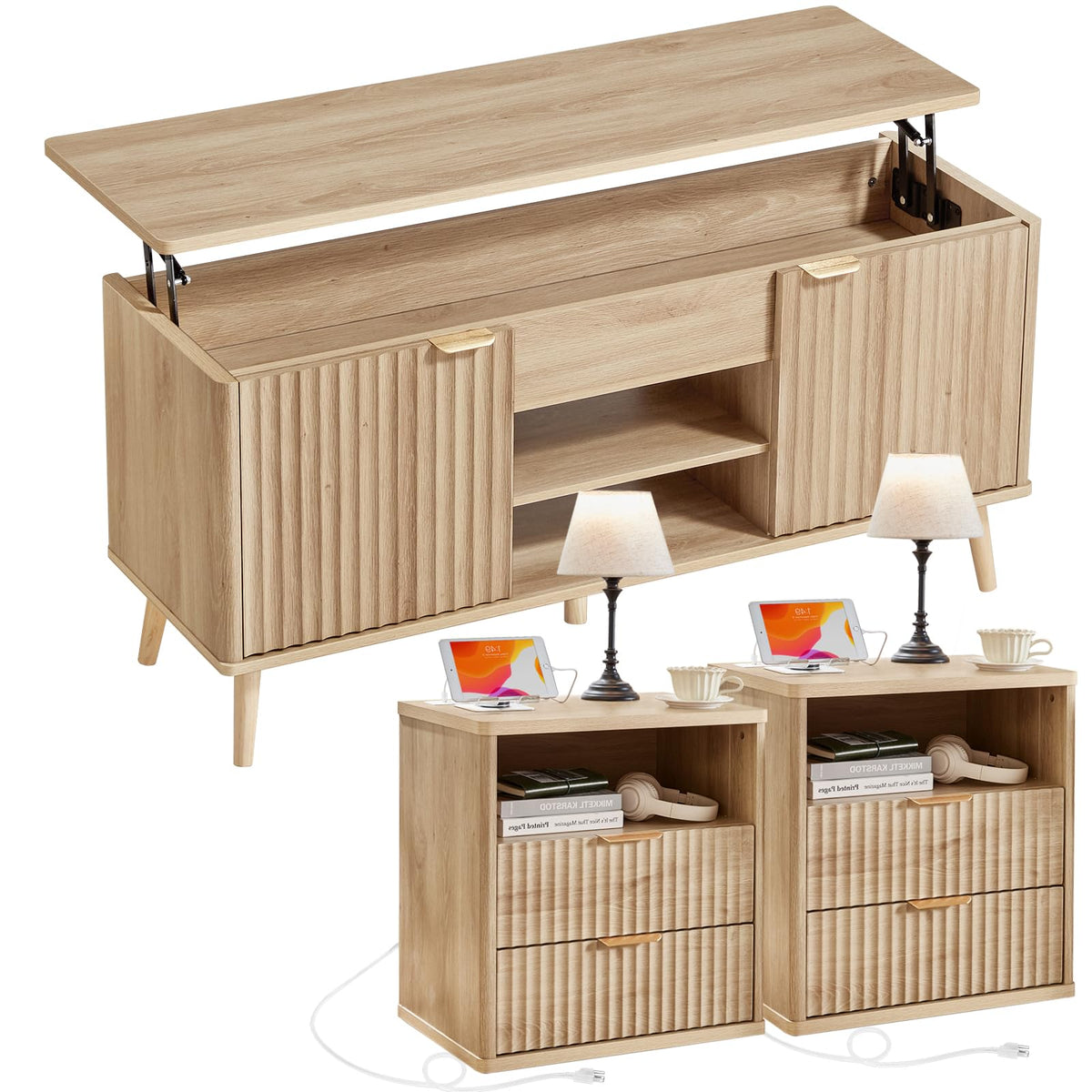 LEYAOYAO Fluted Lift Top Coffee Table and Night Stand Set,Wood 48" Wide Center Tables & 23" with Charging Station Chest of Drawers,Farmhouse Living Room Suites for Bedroom Home,Brown