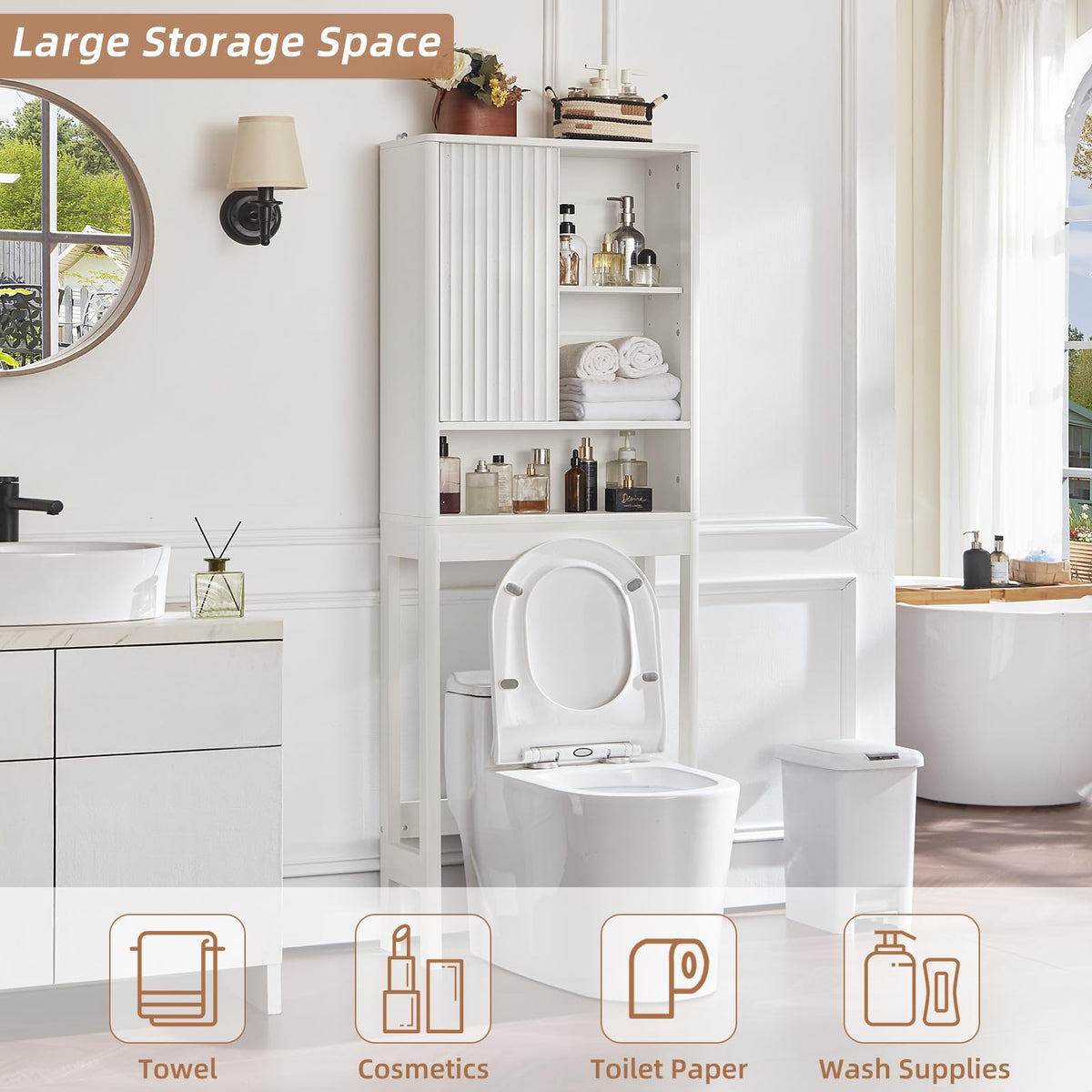 LEYAOYAO Fluted Over The Toilet Storage Cabinet & Bathroom Wall Cabinet Set of 2, Farmhouse Above Toilet Organizer, Medicine Cabinet w/Adjustable Shelf & Doors for Laundry Living Room Kitchen(Black)