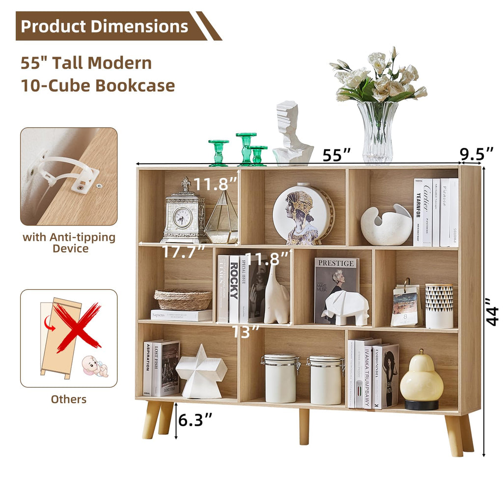 LEYAOYAO Cube Bookshelf, Mid-Century Modern Book Shelf with Legs, Brown