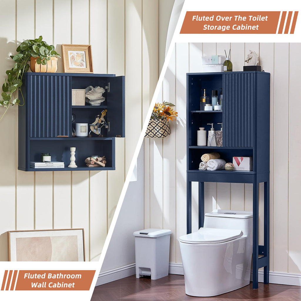 LEYAOYAO Fluted Over The Toilet Storage Cabinet & Bathroom Wall Cabinet Set of 2, Farmhouse Above Toilet Organizer, Medicine Cabinet w/Adjustable Shelf & Doors for Laundry Living Room Kitchen(Black)