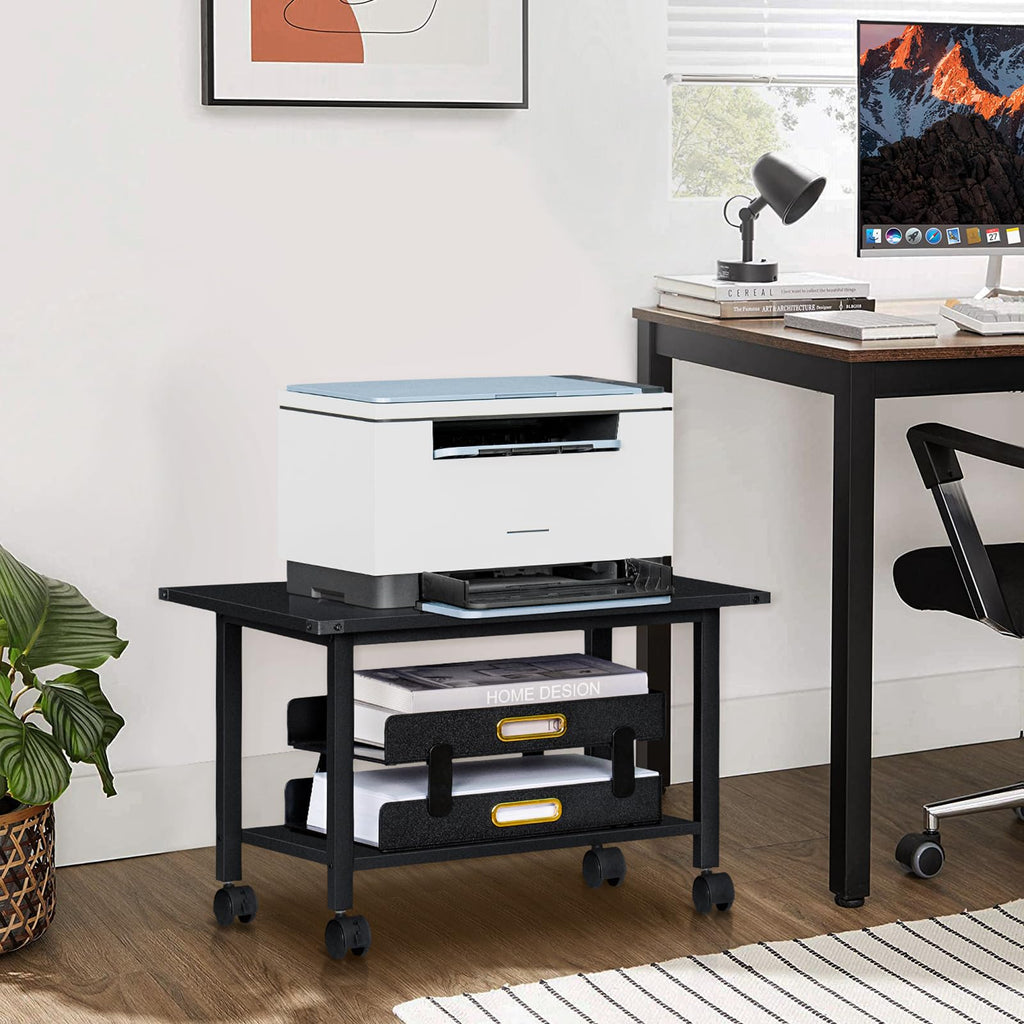 Lerliuo 3-Tier Printer Stand, Industrial Mobile Printer Table with Storage Shelf and Steel Frame, Rolling Printer Cart Holder with Lockable Wheels for Home, Office (White)