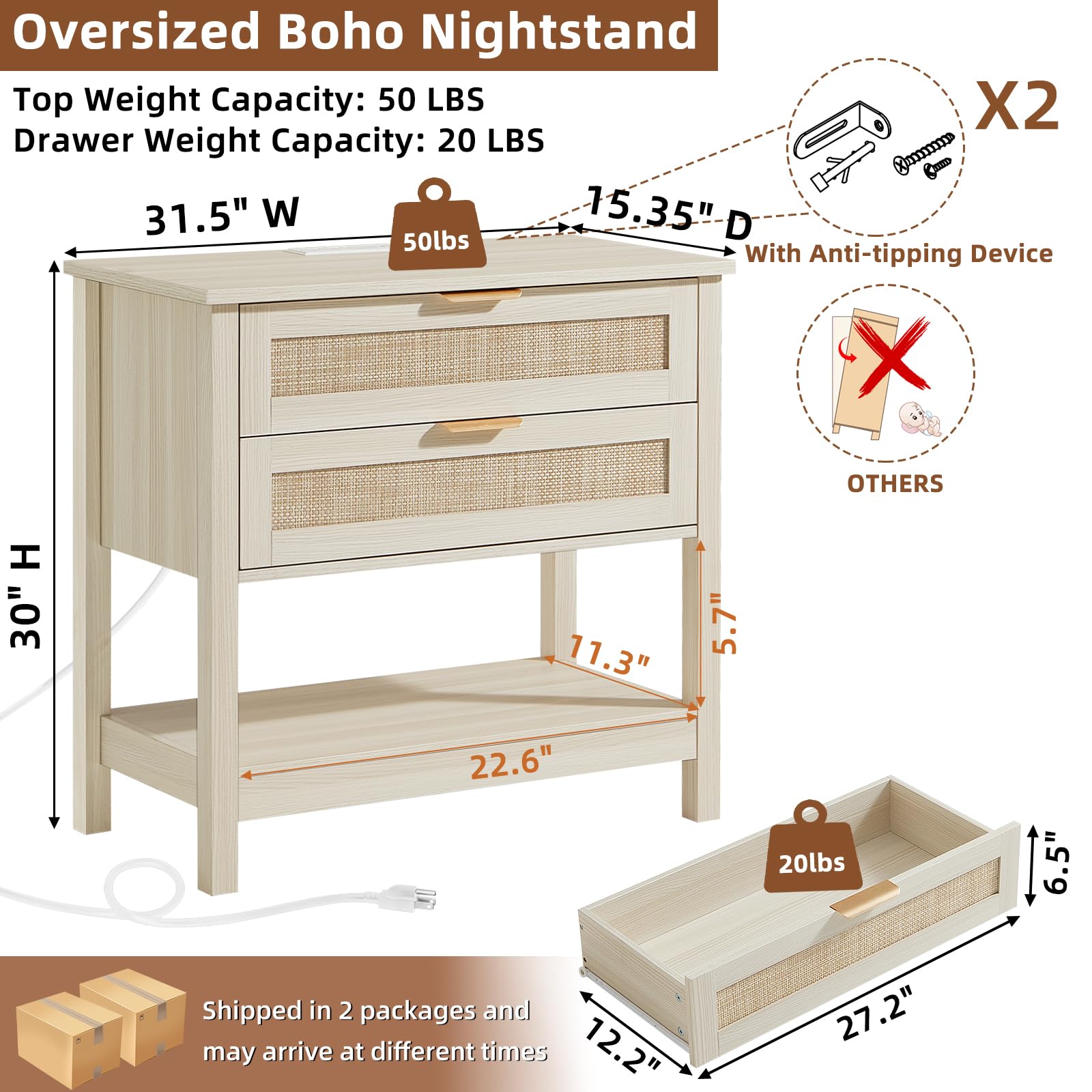 LEYAOYAO 26.8" Wide Rattan Nightstands Set of 2, Large Boho Night Stand