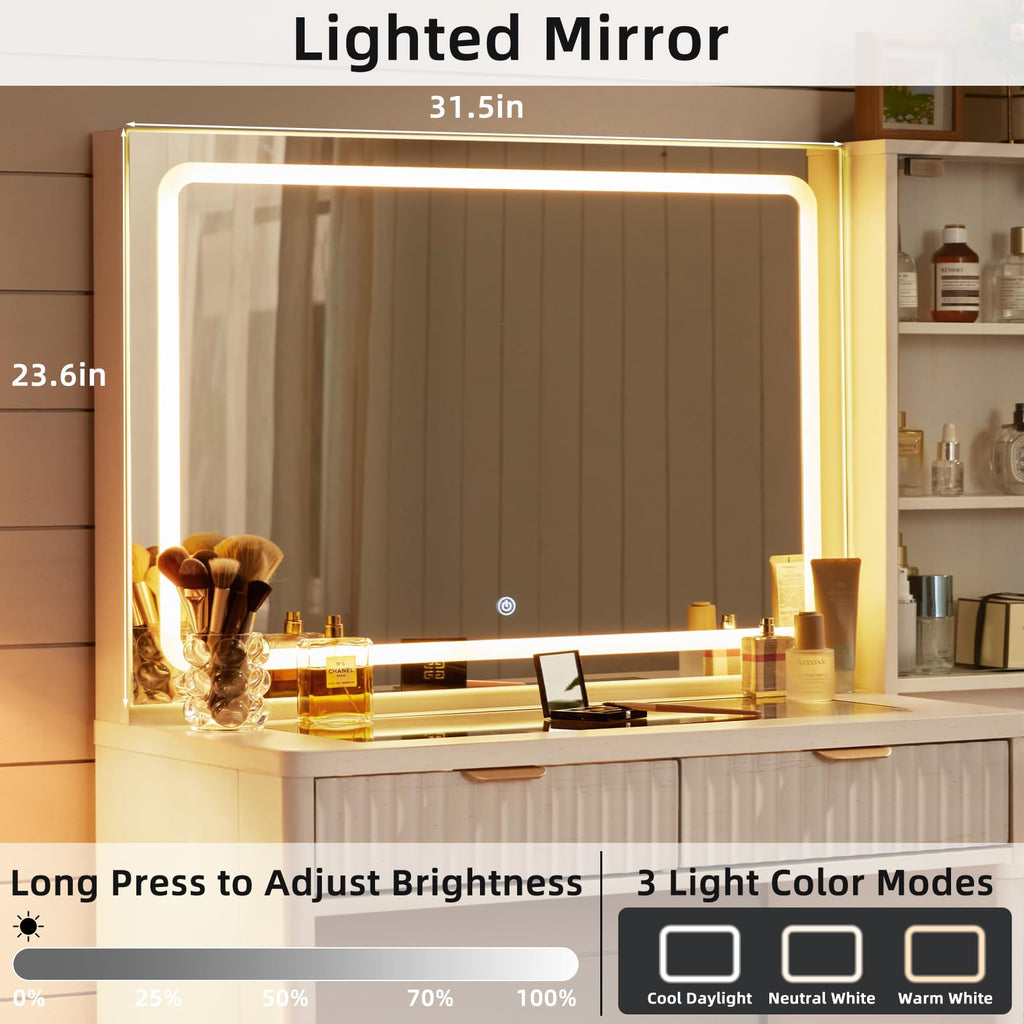LEYAOYAO Fluted Makeup Vanity Desk with Mirror and Lights, 43.5''