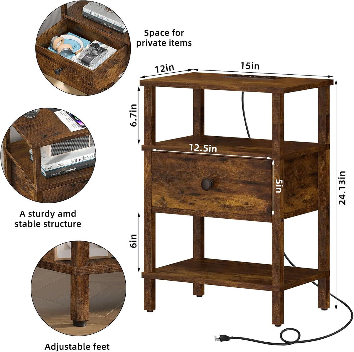 Lerliuo Nightstand with Charging Station and USB Ports, 3-Tier Storage End Table with Drawer Shelf, Night Stand for Small Spaces, Wood Bedside Table for Living Room, Bedroom - Retro Brown…