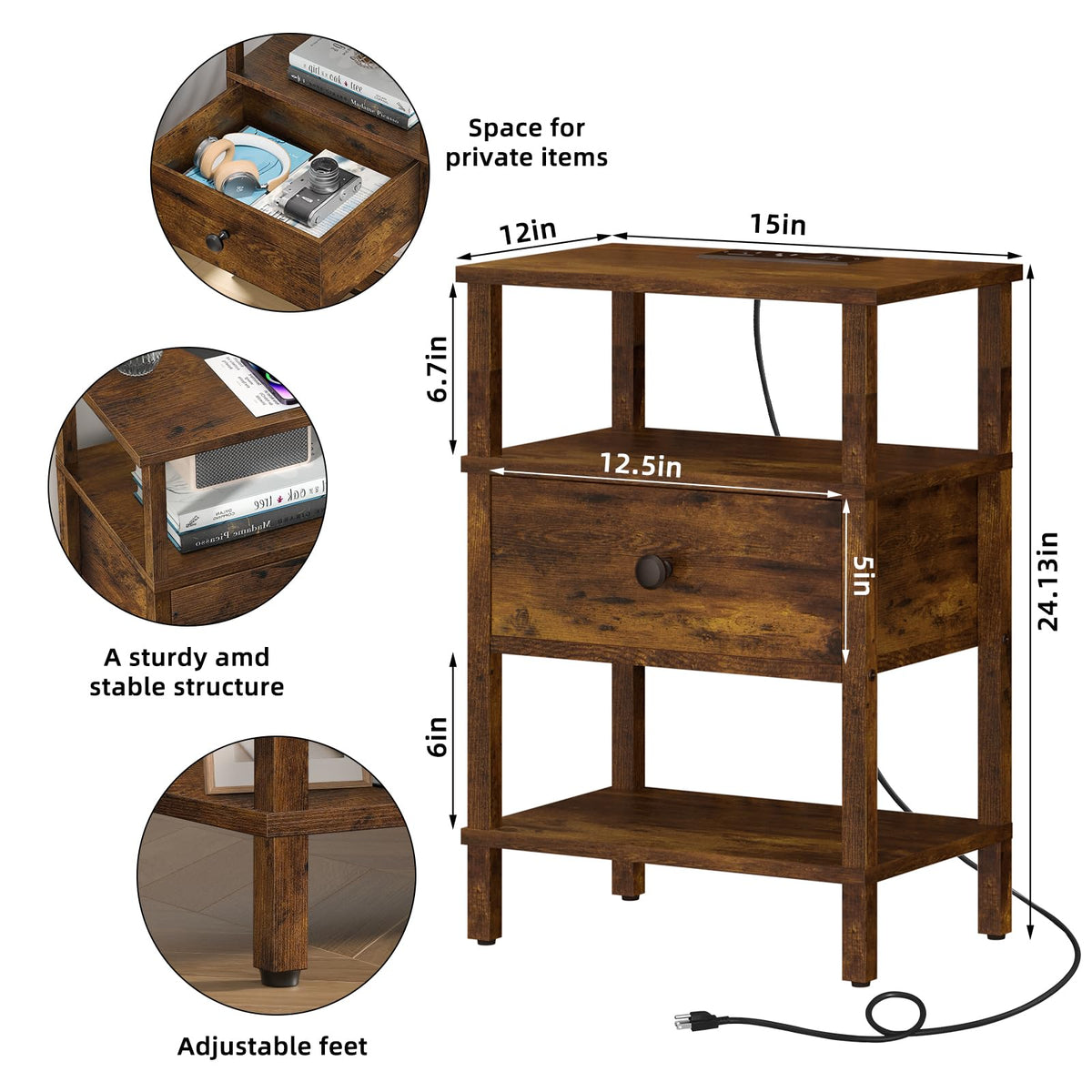 Lerliuo Nightstand with Charging Station and USB Ports, 3-Tier Storage End Table with Drawer Shelf, Night Stand for Small Spaces, Wood Bedside Table for Living Room, Bedroom - Retro Brown…
