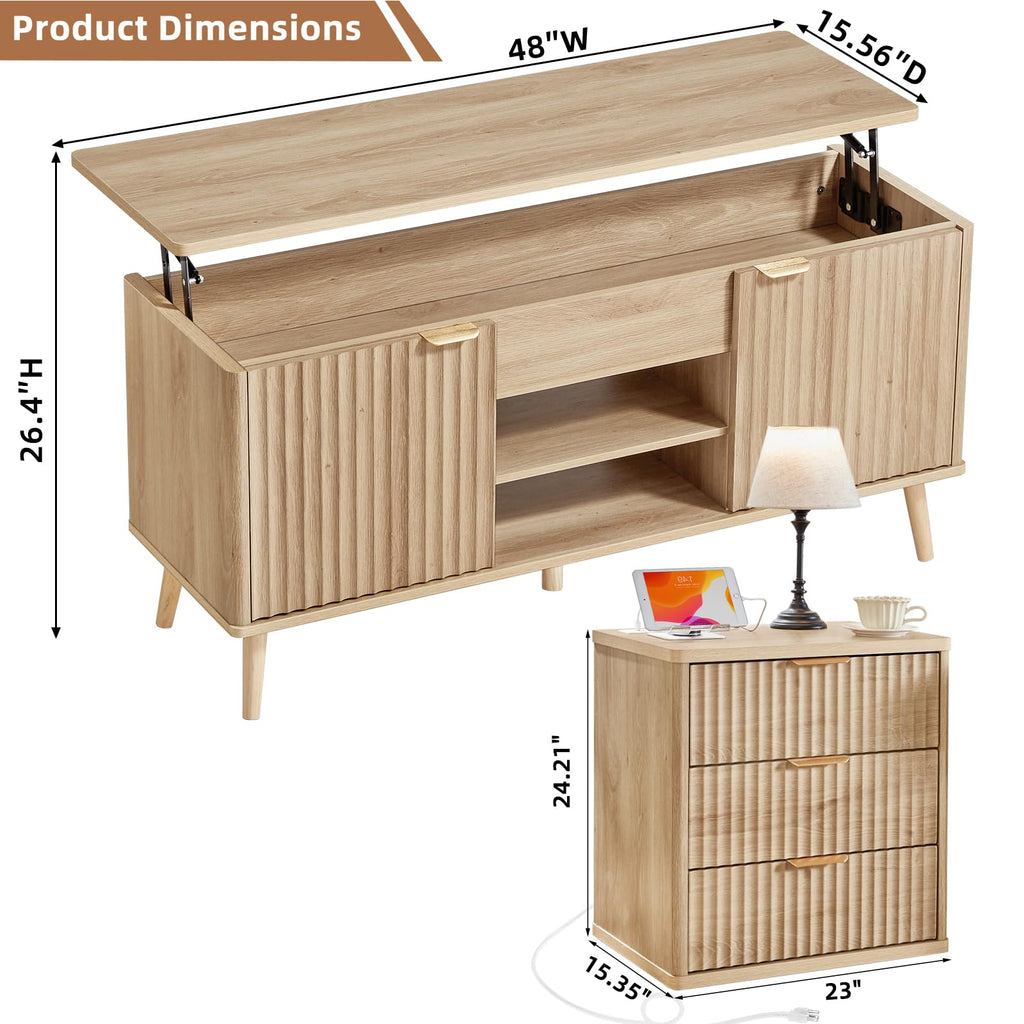 LEYAOYAO Fluted Lift Top Coffee Table and Nightstand Set,Wood 48" Wide Center Tables & 23" Night Stand with 3 Drawers,Farmhouse Living Room Suites for Bedroom Home Living Room Hallway,Blue