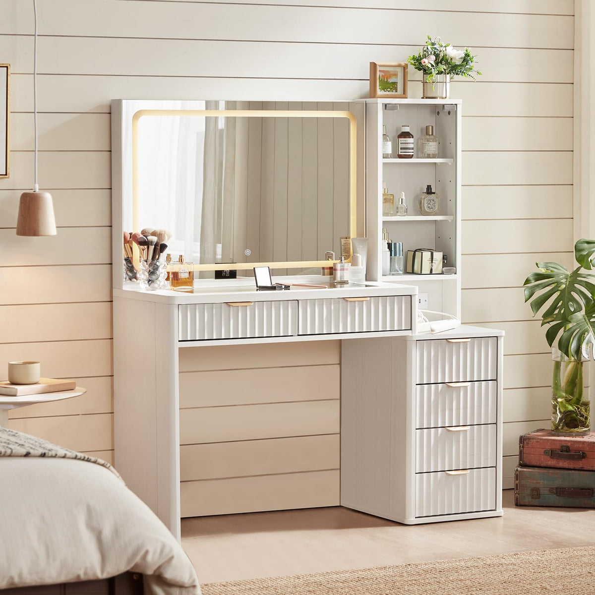 LEYAOYAO Fluted Makeup Vanity Desk with Mirror and Lights, 43.5''