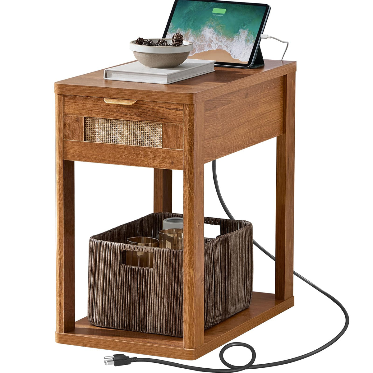 LEYAOYAO Narrow Side Table with Charging Station, Rattan 24 x 14''