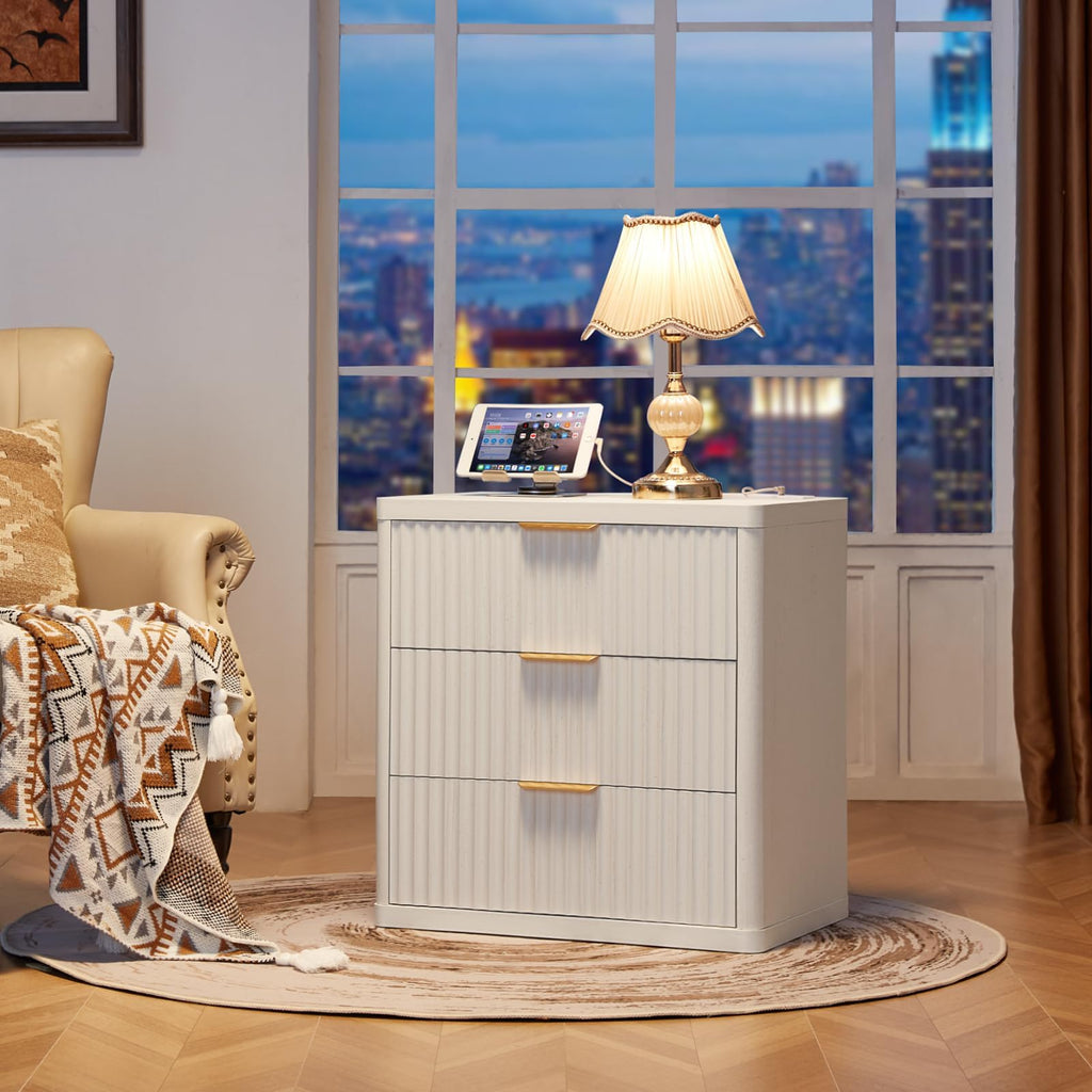 LEYAOYAO 23" Wide Fluted Night Stand with Charging Station, 3 Drawers Large End Table with Storage, LightGrey Nightstand Wood Bedside Tables, Farmhouse Cabinet Dresser for Bedroom, Closet