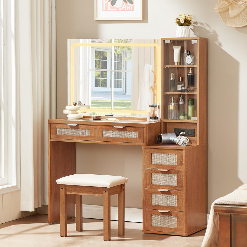 LEYAOYAO Rattan Makeup Vanity Desk with Stool, Mirror and Lights