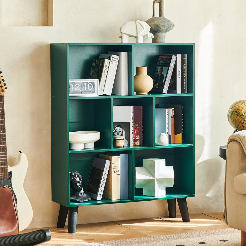 LEYAOYAO 7 Cube Bookshelf, Mid-Century Modern Bookcase Legs,Black Wooden Book Shelves, Wood 3-Tier Freestanding Storage Organizer Display Shelf for Bedroom,Living Room,Office