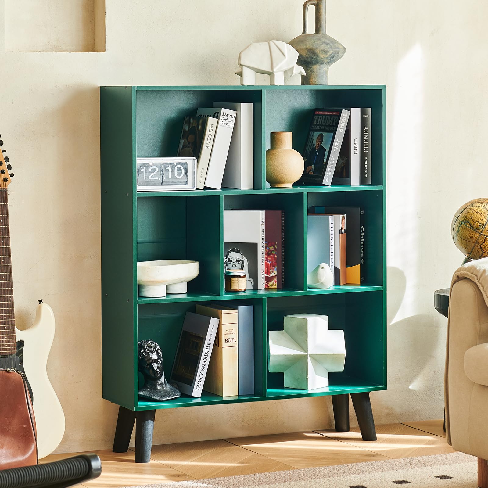 LEYAOYAO 7 Cube Bookshelf, Mid-Century Modern Bookcase Legs,Black Wooden Book Shelves, Wood 3-Tier Freestanding Storage Organizer Display Shelf for Bedroom,Living Room,Office