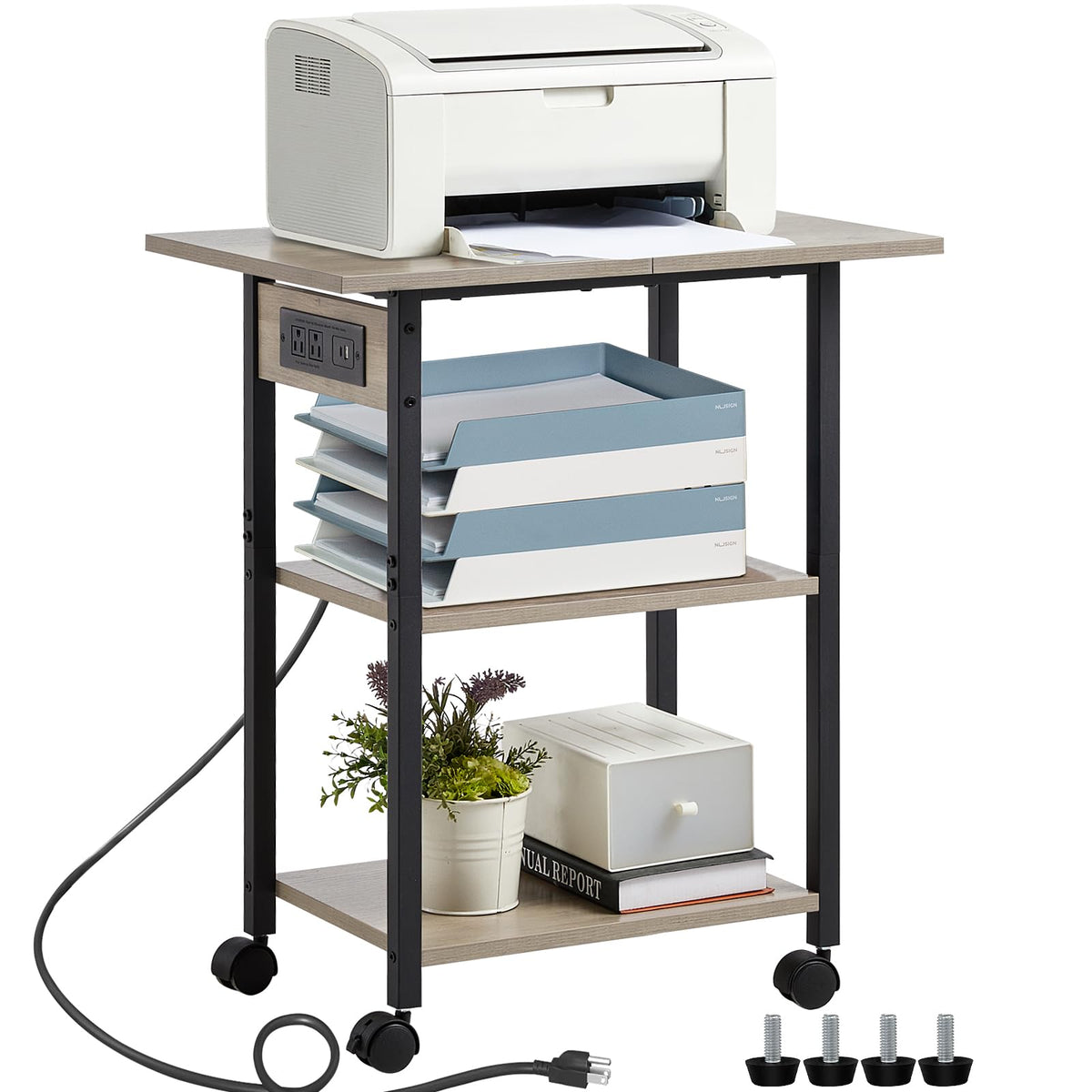 Lerliuo 3-Tier Printer Stand, Industrial Mobile Printer Table with Storage Shelf and Steel Frame, Rolling Printer Cart Holder with Lockable Wheels for Home, Office (White)
