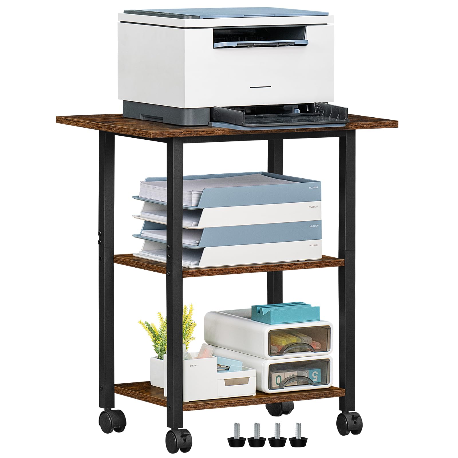 Lerliuo 3-Tier Printer Stand, Industrial Mobile Printer Table with Storage Shelf and Steel Frame, Rolling Printer Cart Holder with Lockable Wheels for Home, Office (White)