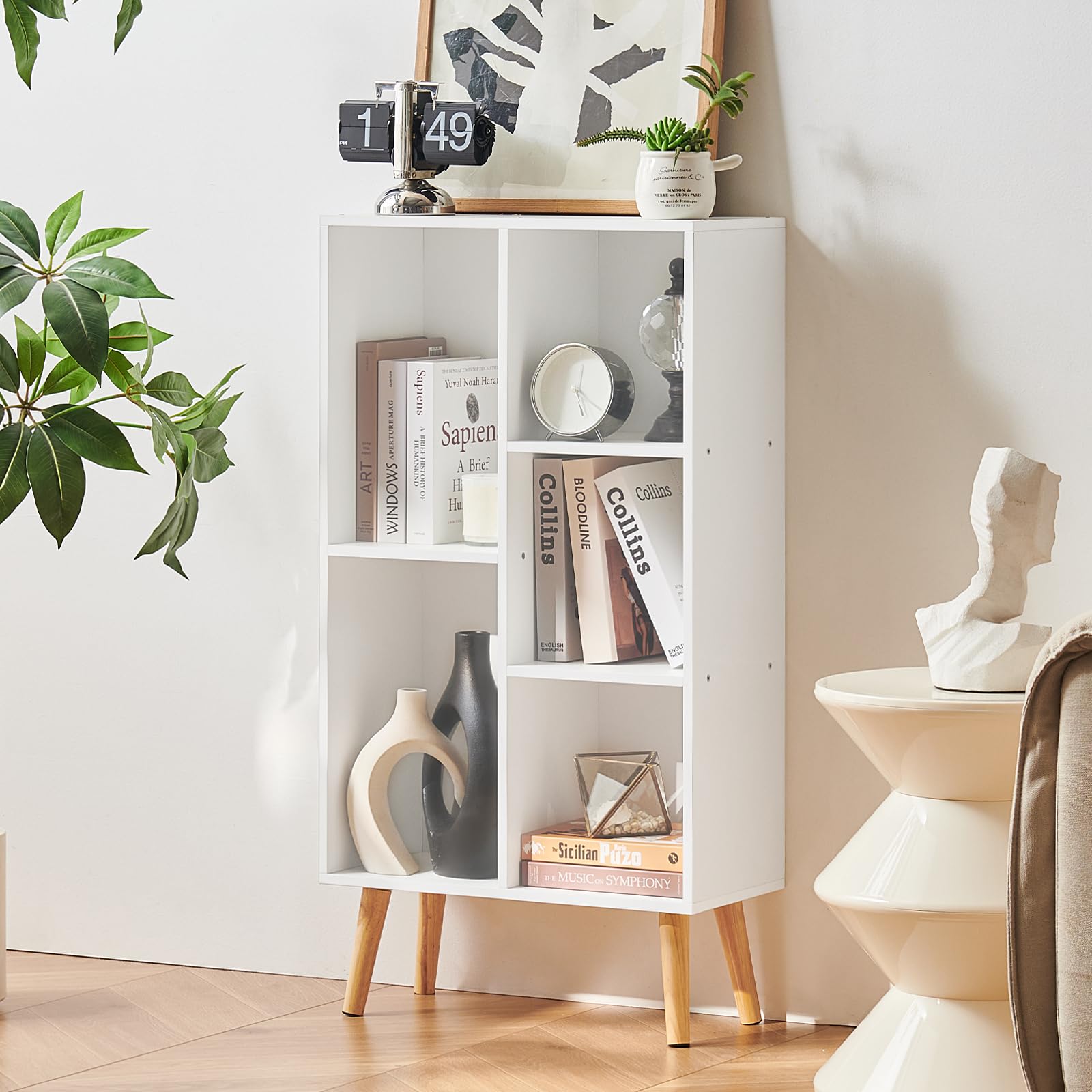 LEYAOYAO Cube Bookshelf, Mid-Century Modern Book Shelf with Legs, Brown