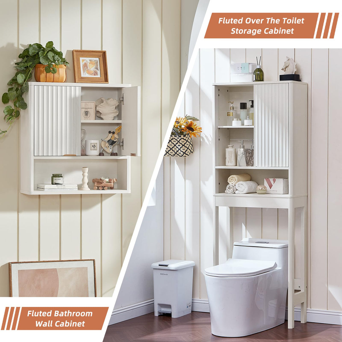 LEYAOYAO Fluted Over The Toilet Storage Cabinet & Bathroom Wall Cabinet Set of 2, Farmhouse Above Toilet Organizer, Medicine Cabinet w/Adjustable Shelf & Doors for Laundry Living Room Kitchen(Black)