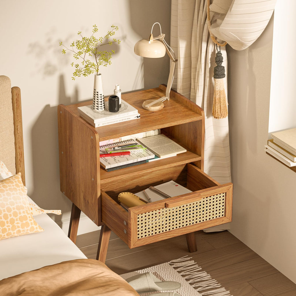 Lerliuo Rattan Nightstand, Boho Side Table with Drawer Open Shelf
