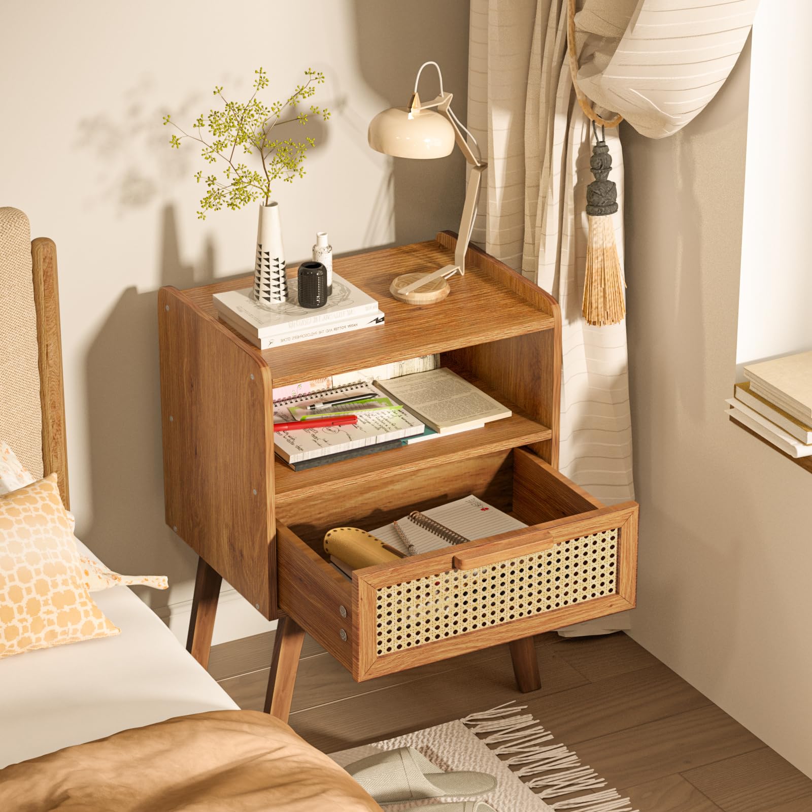Lerliuo Rattan Nightstand, Boho Side Table with Drawer Open Shelf
