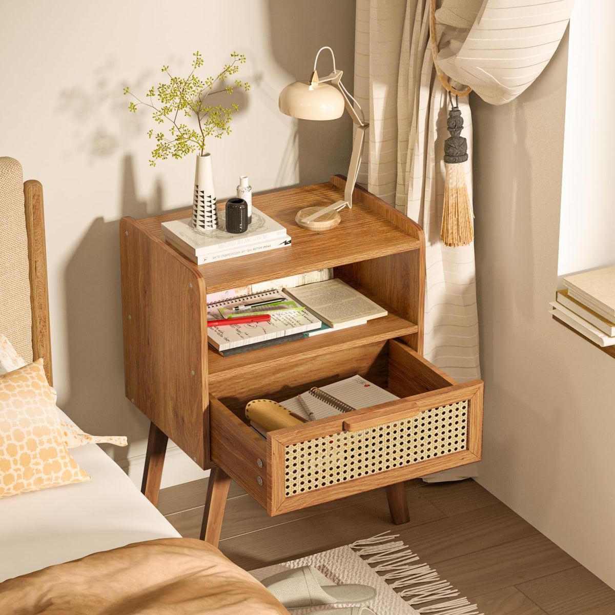 Lerliuo Rattan Nightstand, Boho Side Table with Drawer Open Shelf