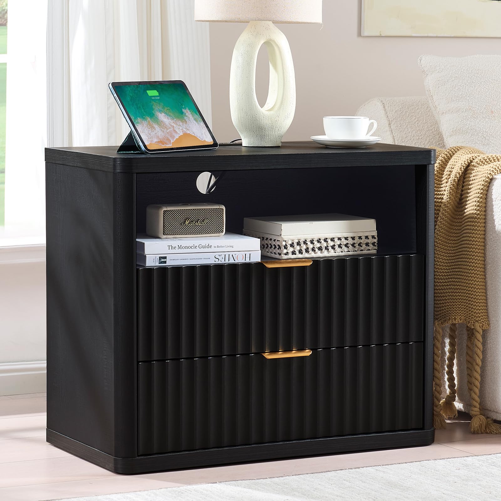 LEYAOYAO 31" Wide Fluted Nightstand with Charging Station, Oversized Extra Large 1 Drawer Night Stand with Golden Handle, Antique White Bedside Table Tall End Tables,for Bedroom, Living Room, Hallway