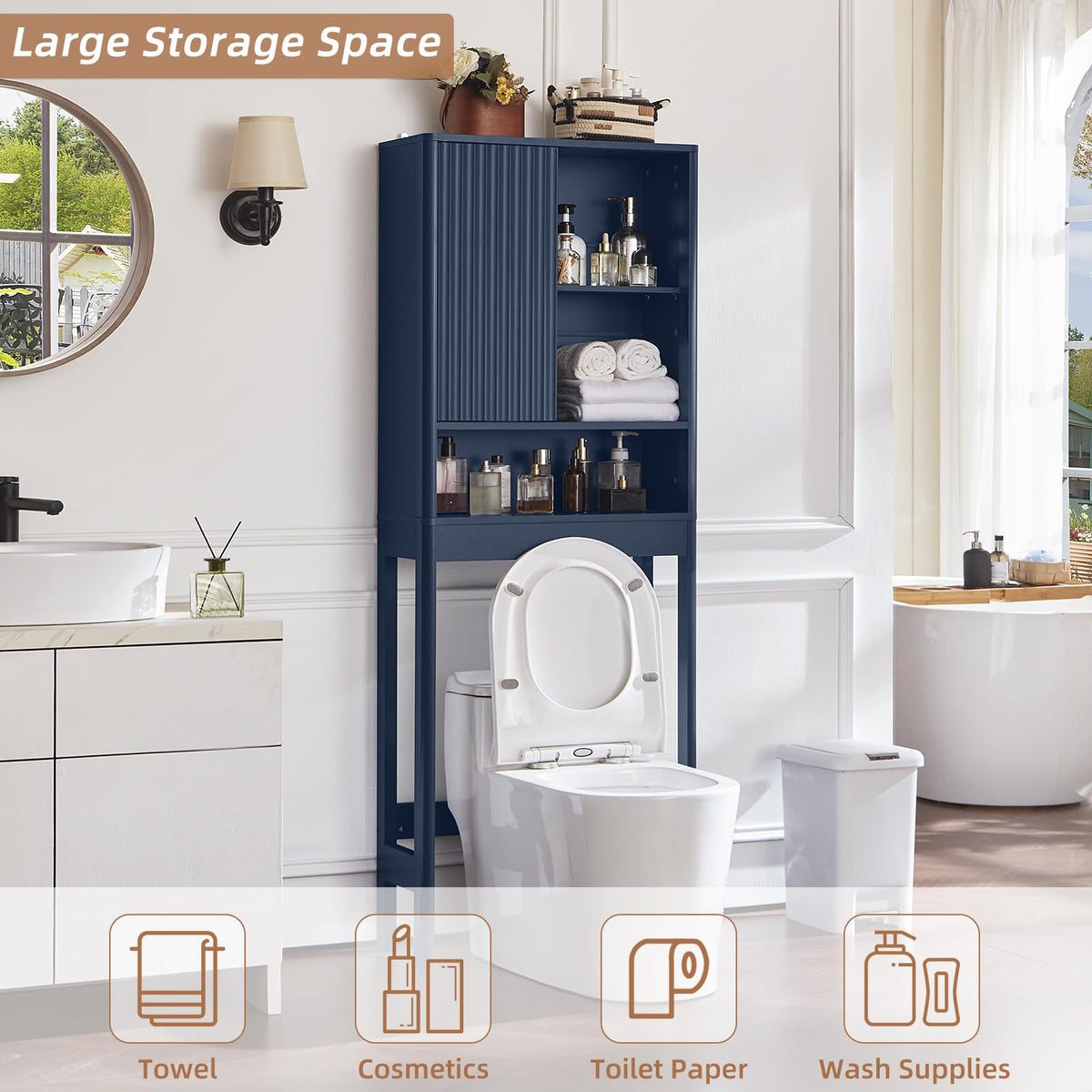 LEYAOYAO Fluted Over The Toilet Storage Cabinet & Bathroom Wall Cabinet Set of 2, Farmhouse Above Toilet Organizer, Medicine Cabinet w/Adjustable Shelf & Doors for Laundry Living Room Kitchen(Black)