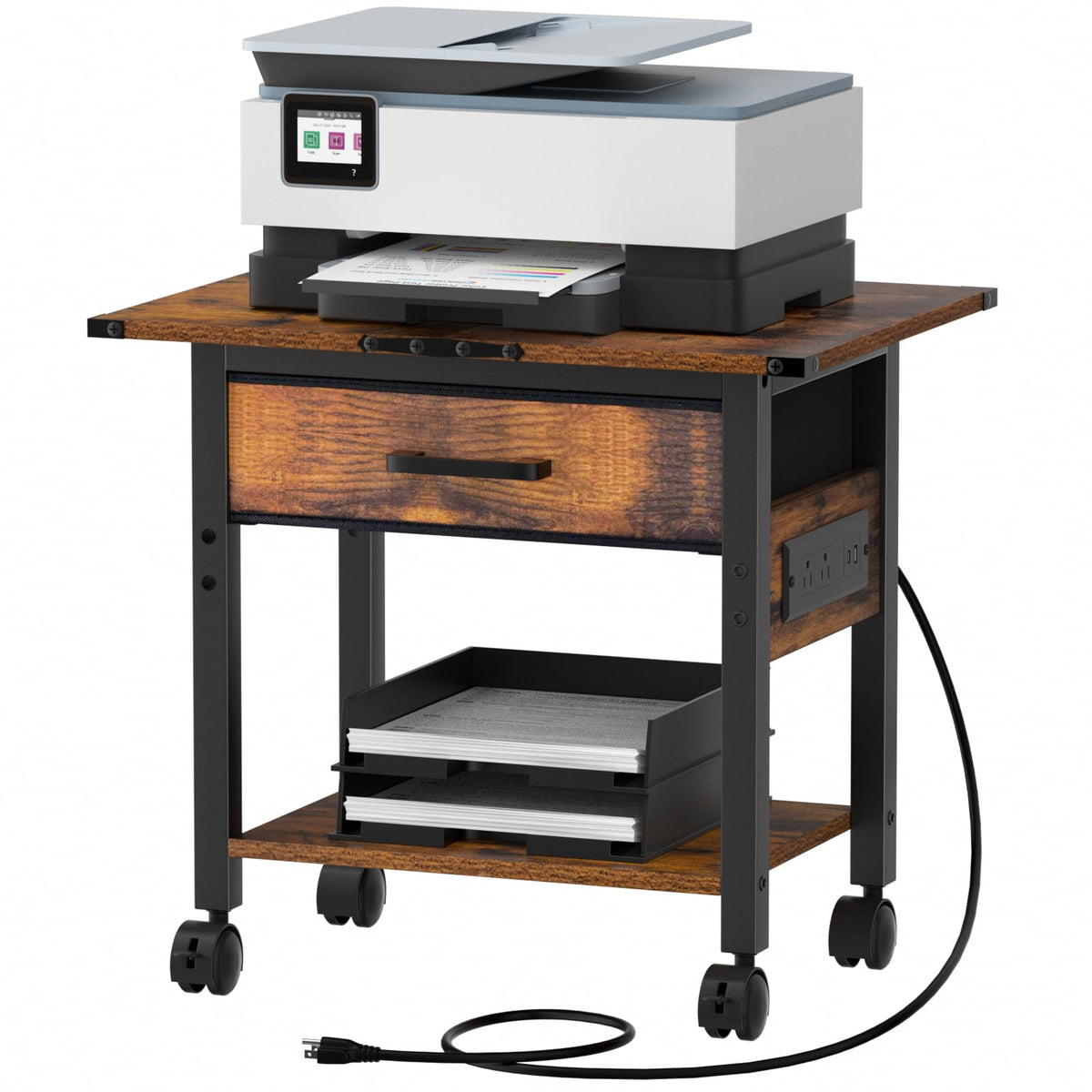 Lerliuo Under Desk Rolling Printer Stand with Drawer, 2-Tier Industrial Mobile Printer Table Desk with Storage Shelf and Steel Frame, Printer Cart Holder with Lockable Wheels for Home, Office (Brown)