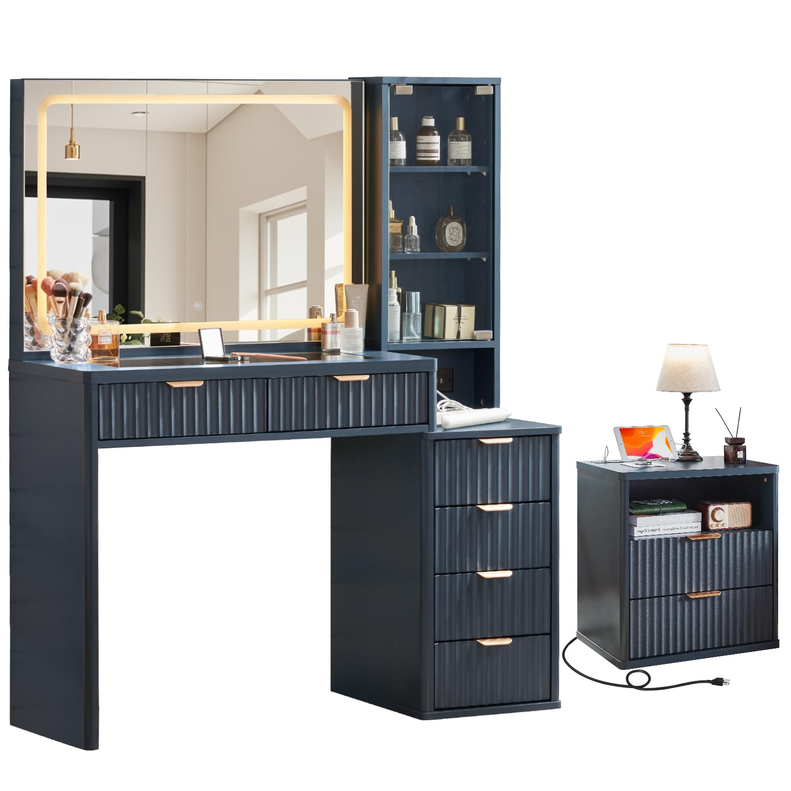 LEYAOYAO Vanity Mirror with Lights and Night Stand Sets, 43.5" Fluted Makeup Vanity with 6 Drawers and Power Outlet, 3 Drawers 23" End Side Table, Natural Wood Makeup Table Bedroom Furniture Set of 2