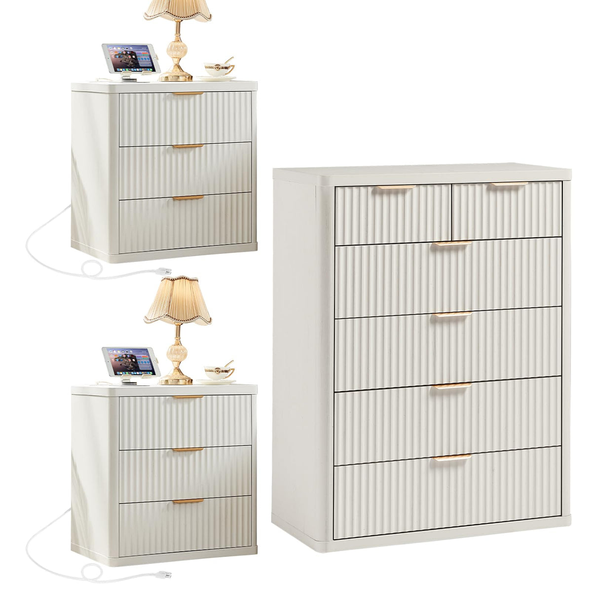 LEYAOYAO Fluted Dressers & Nightstand Set of 4, Wood 48" Wide Dresser & 42" Tall Chest of Drawers,Modern Bedroom Furniture Sets, Natural Wooden Nightstand Set of 2 with 3 Drawers & Charging Station