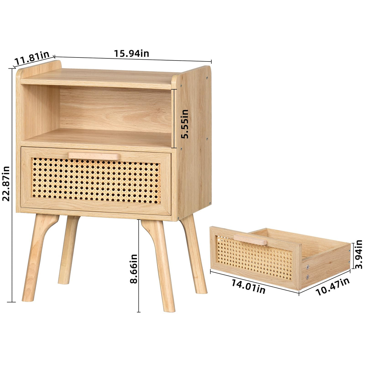 Lerliuo Rattan Nightstand, Boho Side Table with Drawer Open Shelf