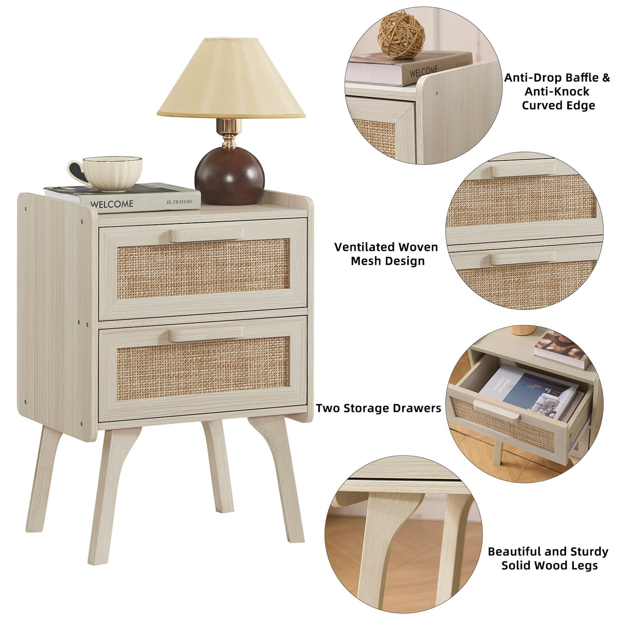 Lerliuo Rattan Nightstands Set of 2 for Bedroom, 2 Drawers