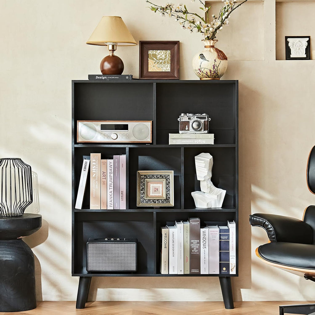 LEYAOYAO 7 Cube Bookshelf, Mid-Century Modern Bookcase Legs,Black Wooden Book Shelves, Wood 3-Tier Freestanding Storage Organizer Display Shelf for Bedroom,Living Room,Office