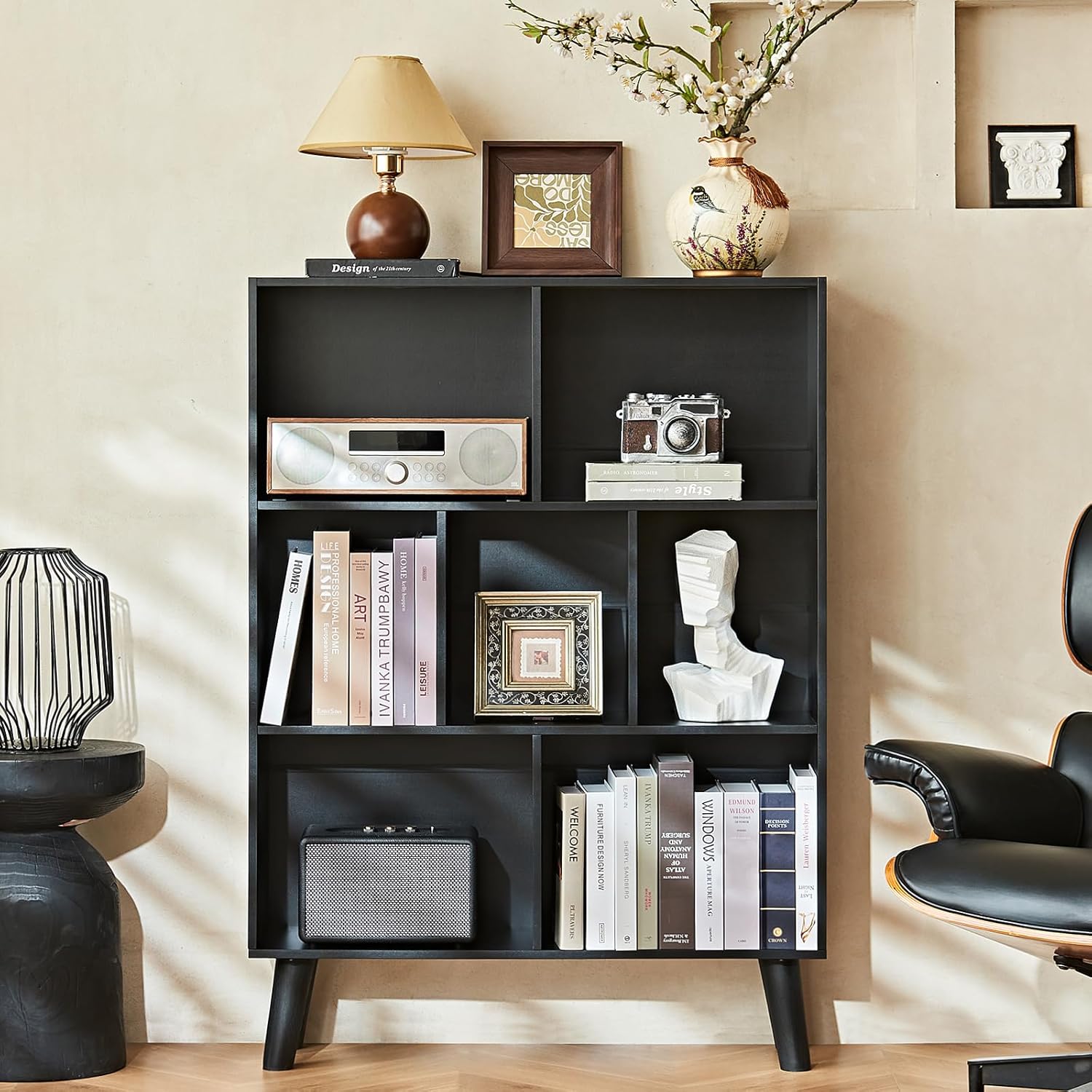 LEYAOYAO 7 Cube Bookshelf, Mid-Century Modern Bookcase Legs,Black Wooden Book Shelves, Wood 3-Tier Freestanding Storage Organizer Display Shelf for Bedroom,Living Room,Office