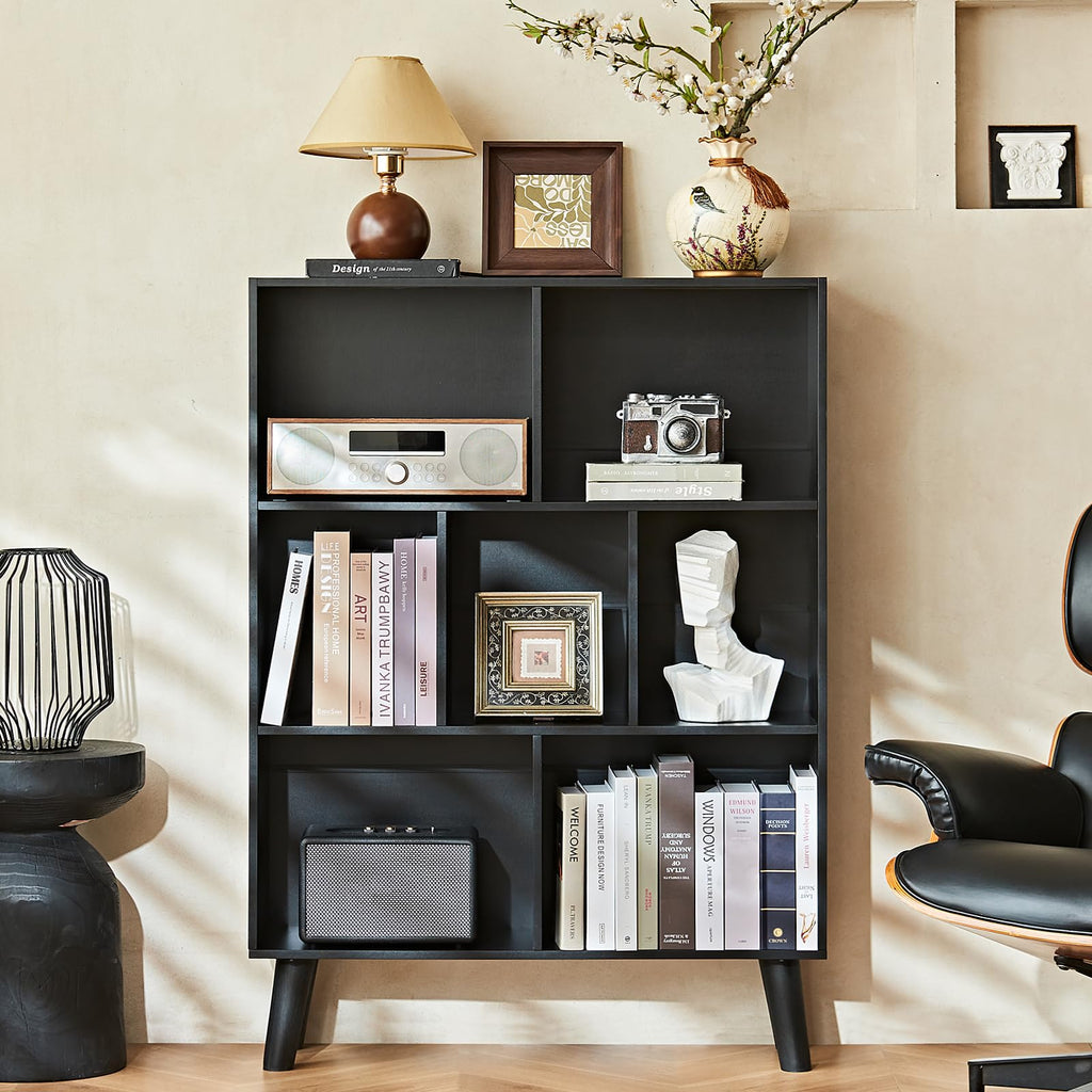 LEYAOYAO 7 Cube Bookshelf, Mid-Century Modern Bookcase Legs,Black Wooden Book Shelves, Wood 3-Tier Freestanding Storage Organizer Display Shelf for Bedroom,Living Room,Office
