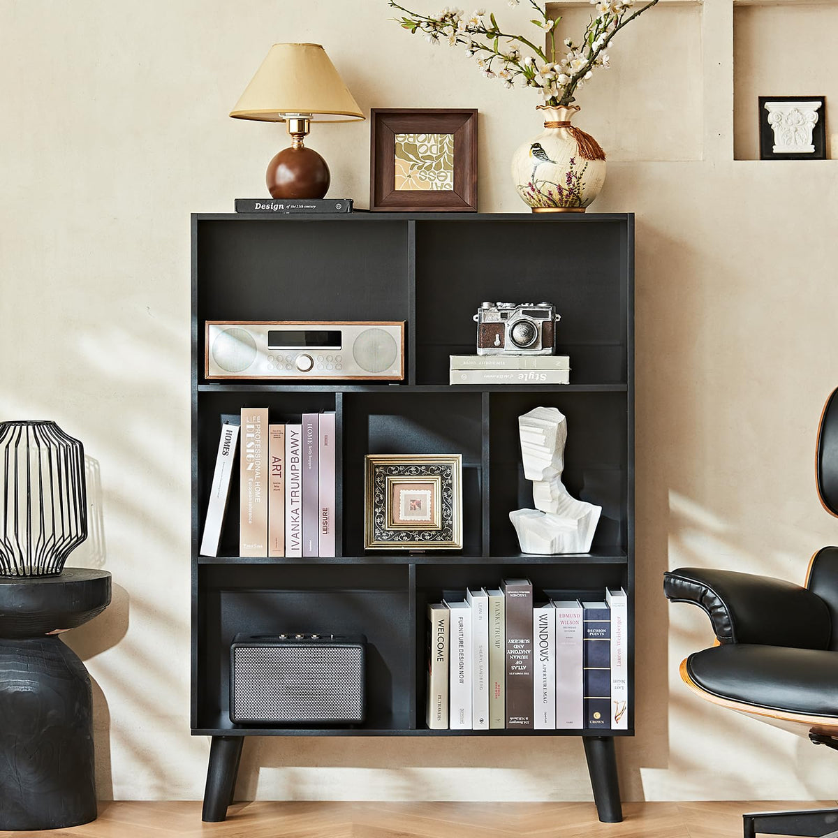 LEYAOYAO 7 Cube Bookshelf, Mid-Century Modern Bookcase Legs,Black Wooden Book Shelves, Wood 3-Tier Freestanding Storage Organizer Display Shelf for Bedroom,Living Room,Office