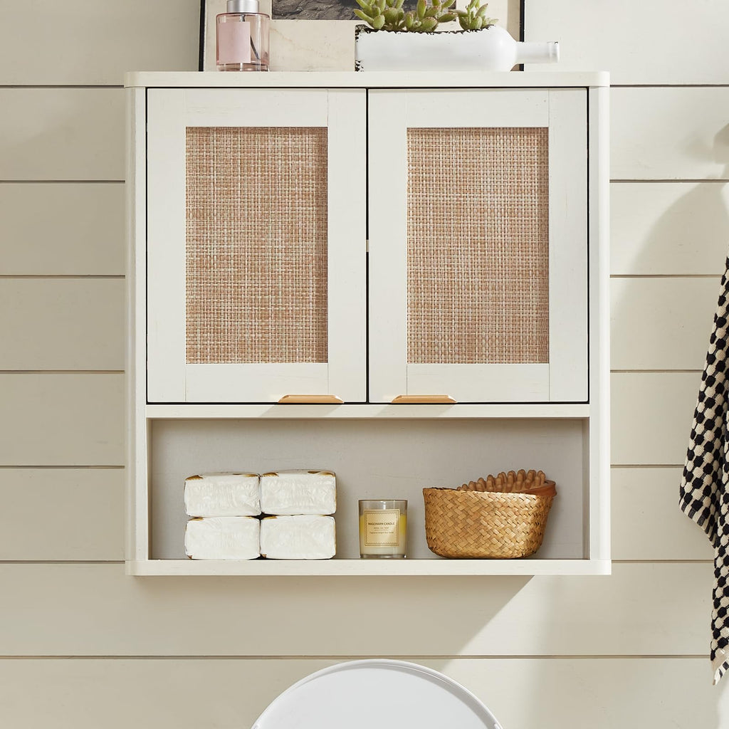 LEYAOYAO 68" Boho Over the Toilet Storage Cabinet with Rattan Sliding Door