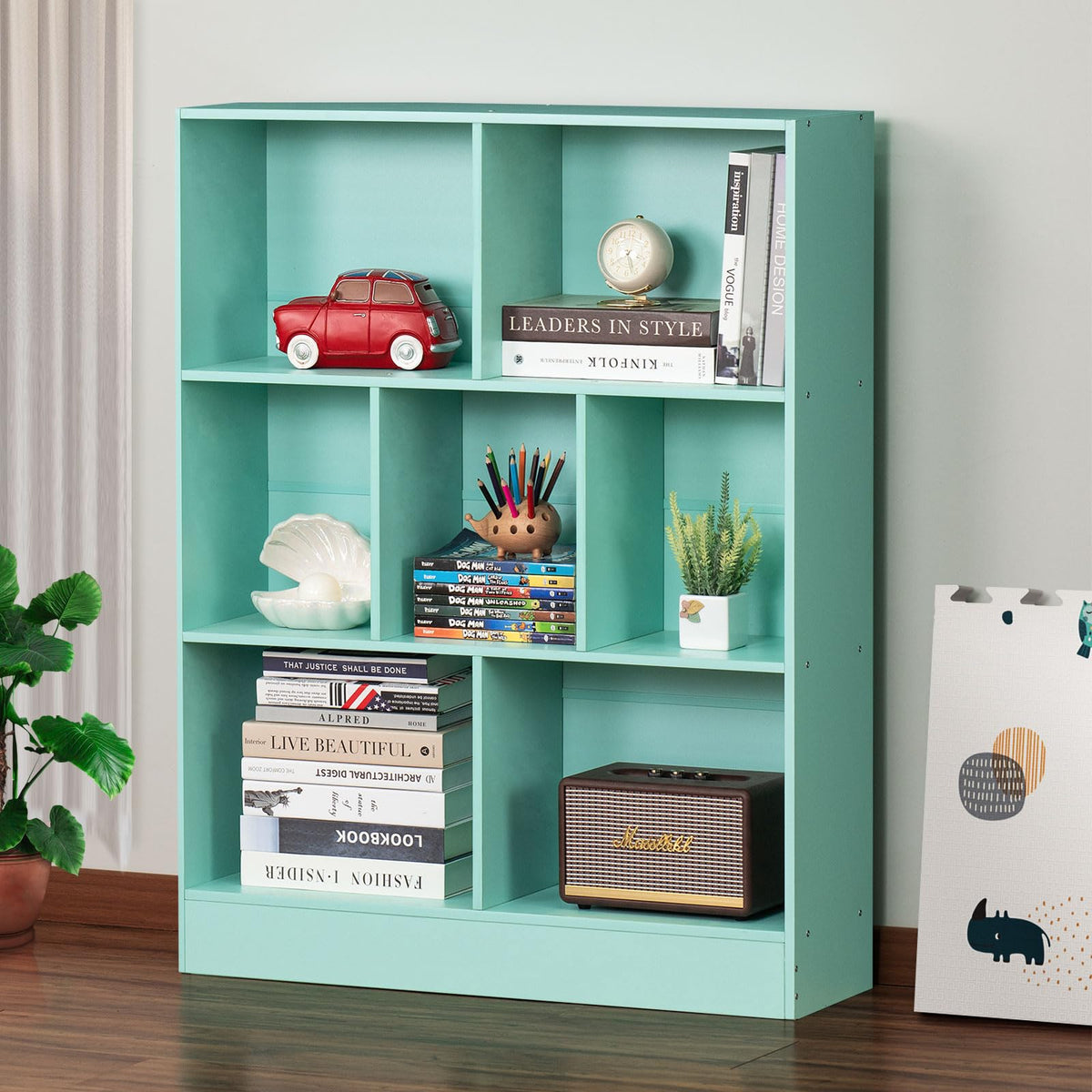 LEYAOYAO 7 Cube Bookshelf with Base,3 Tier Mid-Century Modern Blue Bookcase,Standing Wide Bookshelves Storage Organizer Shelf,Rustic Wood Display Cabinet Book Shelves for Bedroom,Living Room,Office