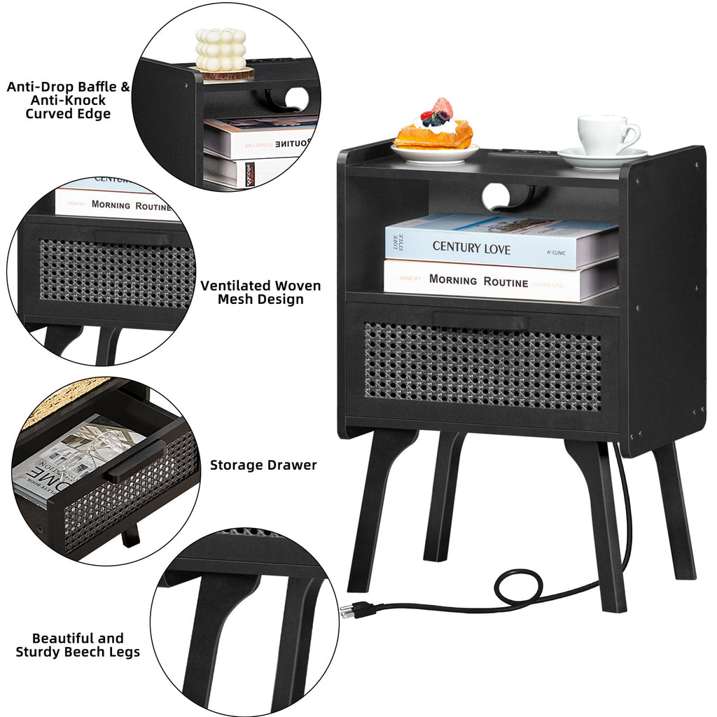 Lerliuo Rattan Nightstand with Charging Station, Boho Night Stand