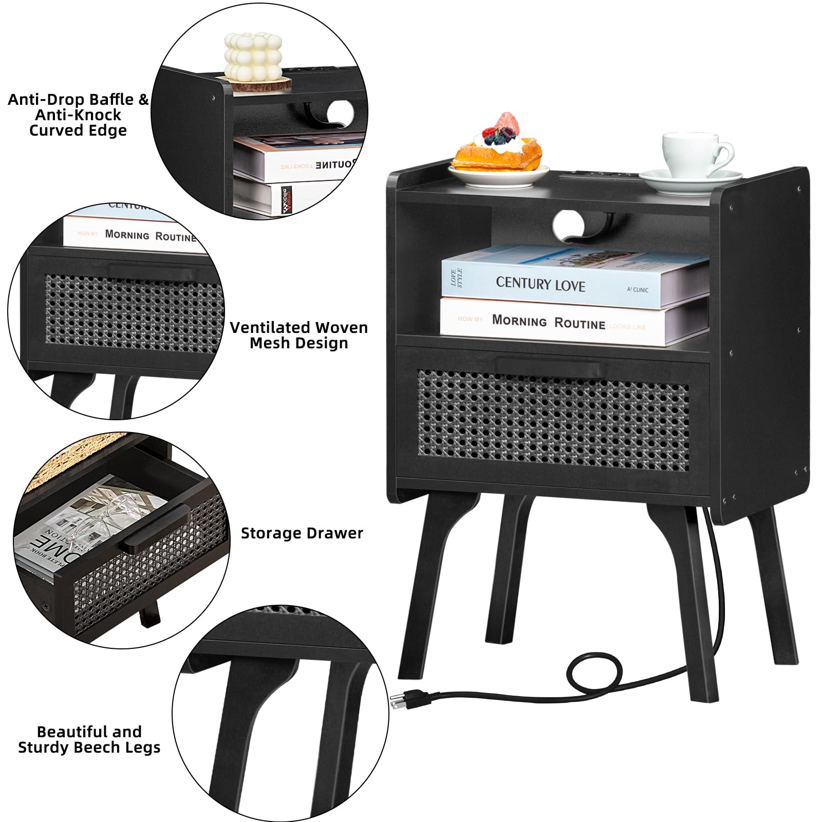Lerliuo Rattan Nightstand with Charging Station, Boho Night Stand