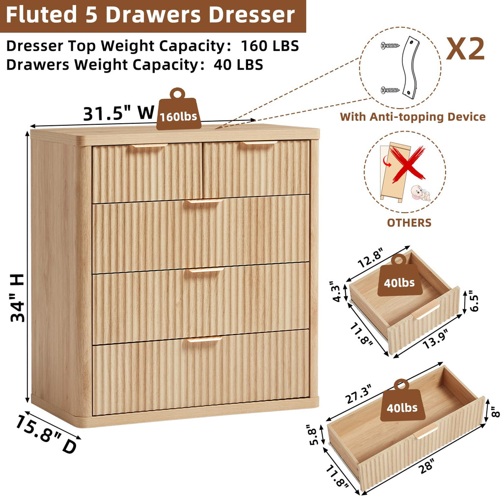 LEYAOYAO Fluted 5 Drawers Dresser for Bedroom, 41" Tall Modern Chest of Drawers with Metal Handle, Curved Profile Design,Natural Wood Drawer Organizer for Bedroom, Living Room, Hallway, Entryway